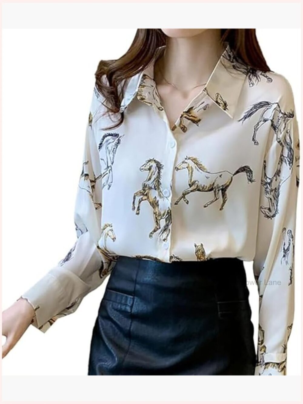 Vintage Horse Print Long Sleeve Button Down Shirt Western Blouse